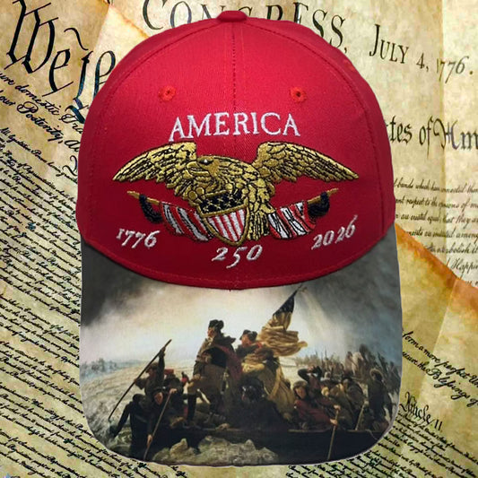 Red cap with eagle emblem and 'America' text on a historical document background