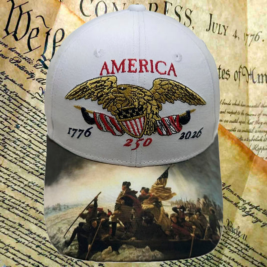White cap with eagle and 'America' text on a historical document background