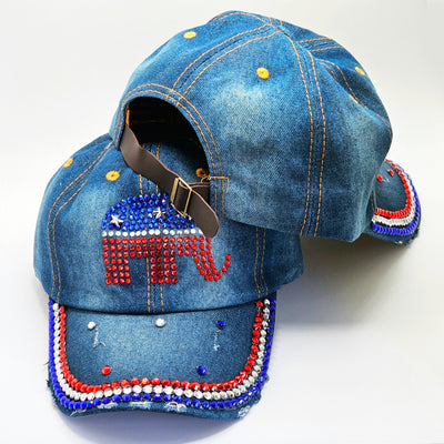 Republican Blue Denim and Rhinestone Cap front and back view