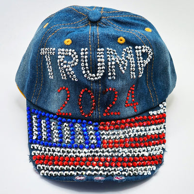 USA Blue Denim and Rhinestone Cap