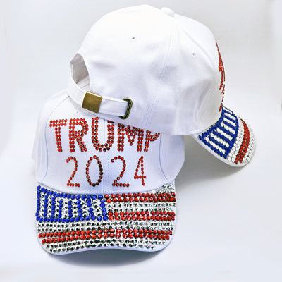 Trump 2024 White Rhinestone Cap front and back view