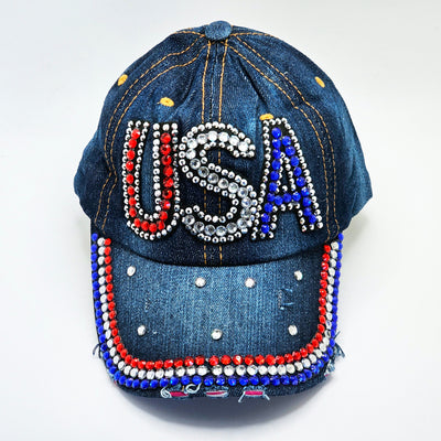 USA Blue Denim and Rhinestone Cap -