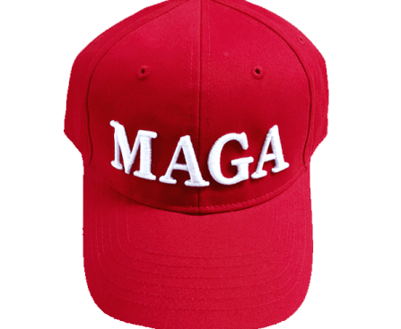 Red baseball cap with white 'MAGA' lettering on the front.