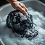 | 1776 | 1791 patriot shops hand washing a black baseball cap in soapy water, with bubbles clinging to the fabric in a tub.