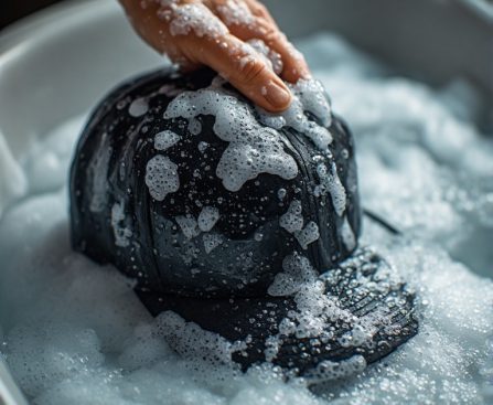 Hand washing a black baseball cap in soapy water, with bubbles clinging to the fabric in a tub.
