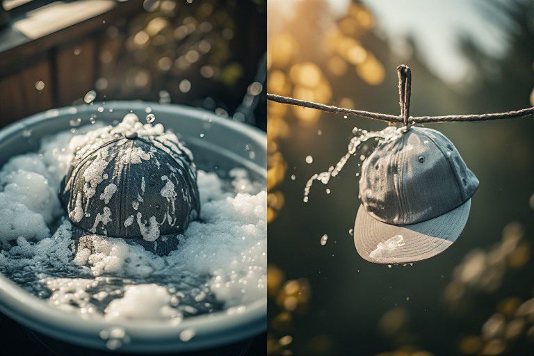 | 1776 | 1791 patriot shops two-panel image showing a baseball cap being washed on the left in soapy water, and hanging to dry on the right with water droplets on a clothesline.